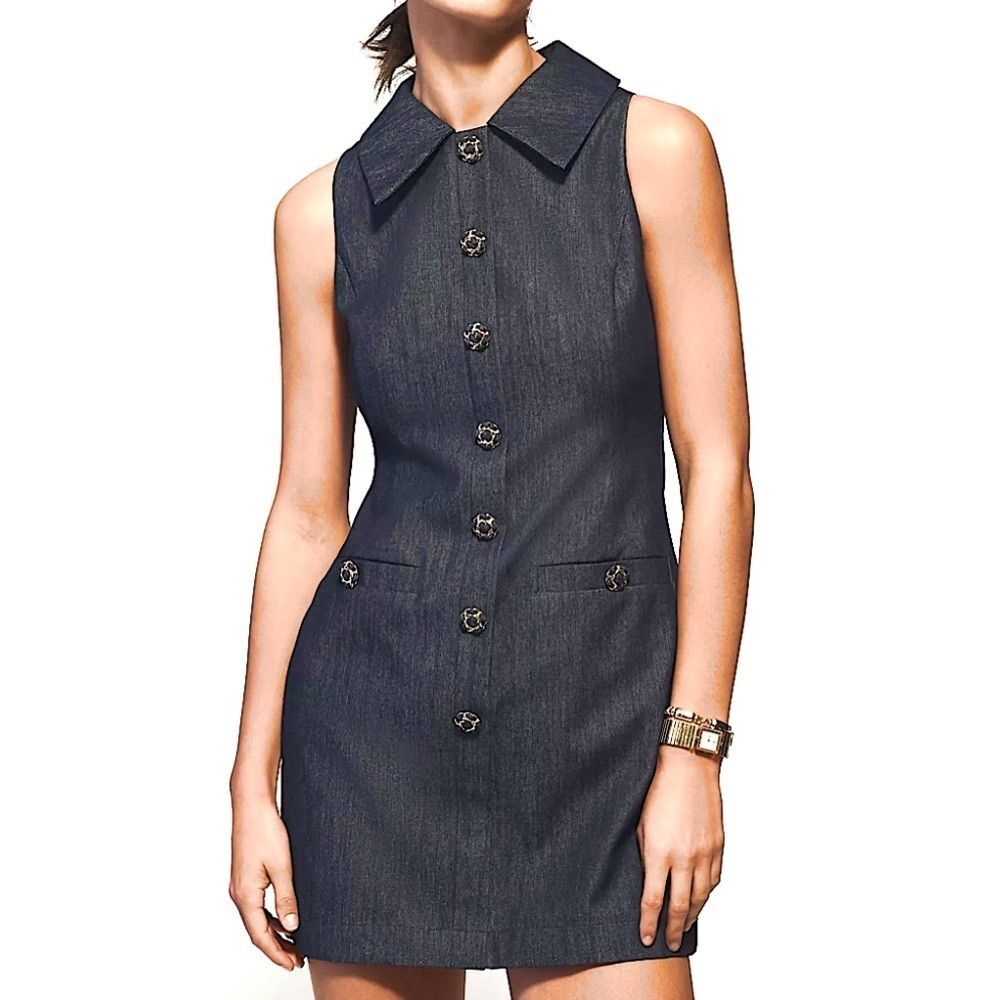 Endless Rose Sleeveless Rosette Buttons Collared Denim Dress Size Medium NWT